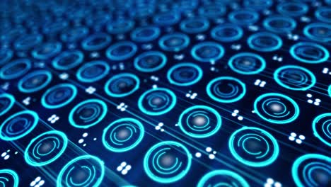 pattern of small blue spinning circles and pixels moving on a electronic screen. close-up of rotating neon circles