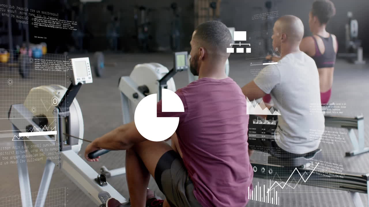 체육관에서 실내 로어를 사용하는 다양한 사람들을 대상으로 금융 데이터 처리의 애니메이션