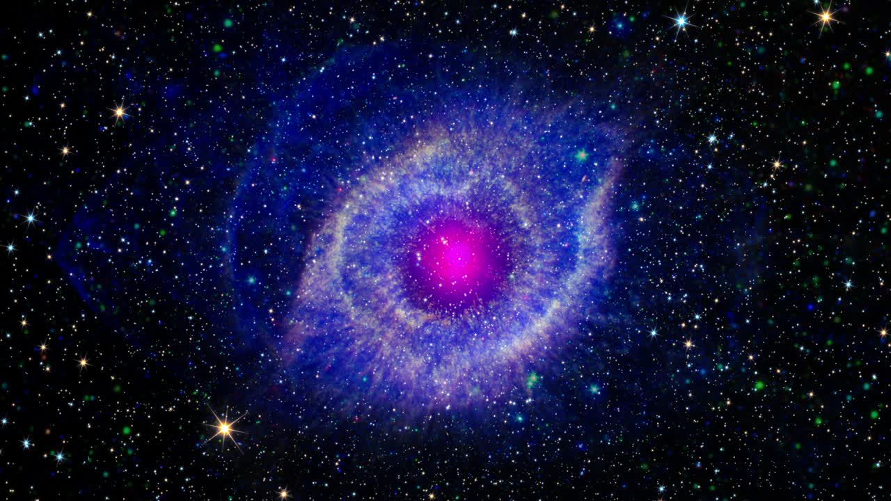 Loop Space Flight deep space exploration travel to Helix Nebula. 4K 3D loop space exploration to Helix Nebula, planetary nebula located in the constellation Aquarius. Furnished by NASA image.