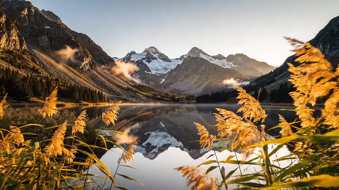 Misty Mountain Lake at Dawn with Tall Golden Reeds
