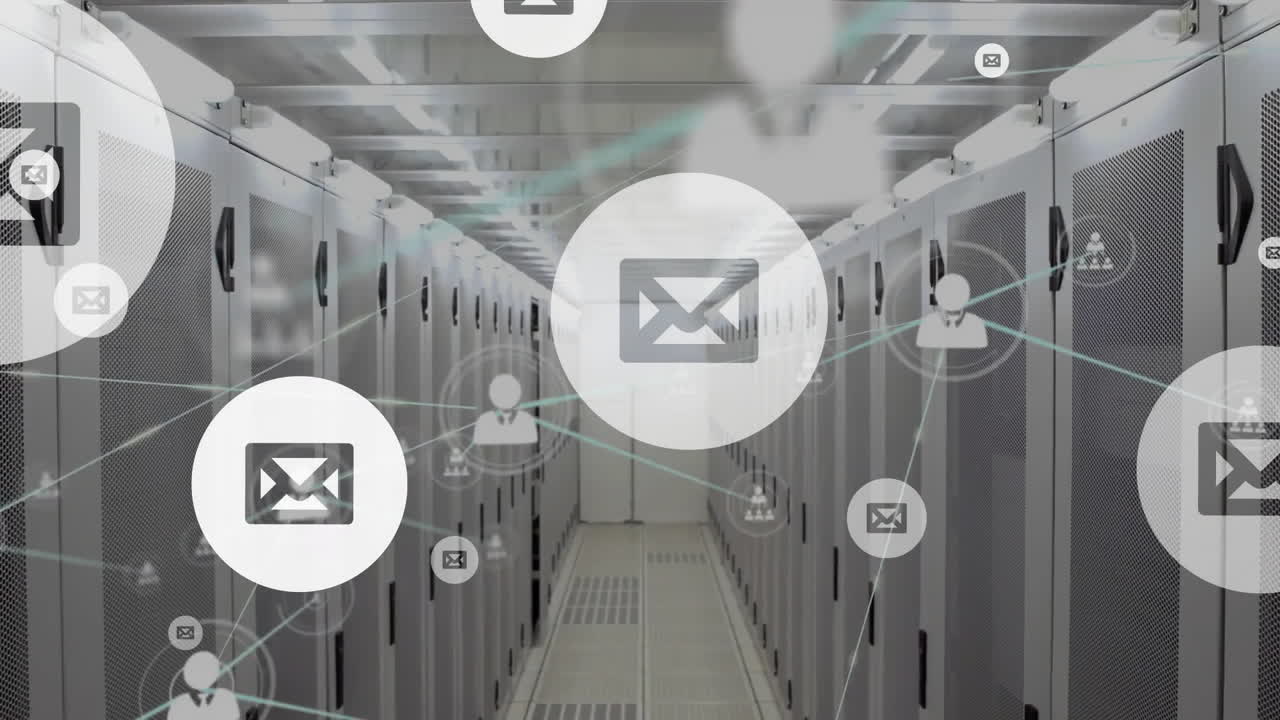 Animation of network of people and email icons over computer server room
