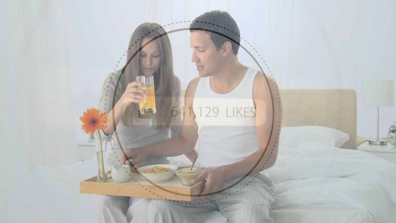 Man entering carrying tray, couple sharing juice cereal for lifestyle, like overlay updating count