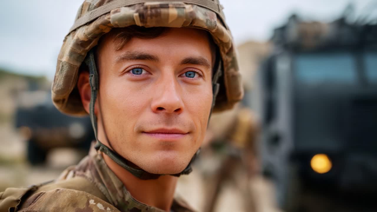 Un soldato concentrato in tenuta militare mostra determinazione e resilienza, incarnando lo spirito delle forze armate sullo sfondo di veicoli militari