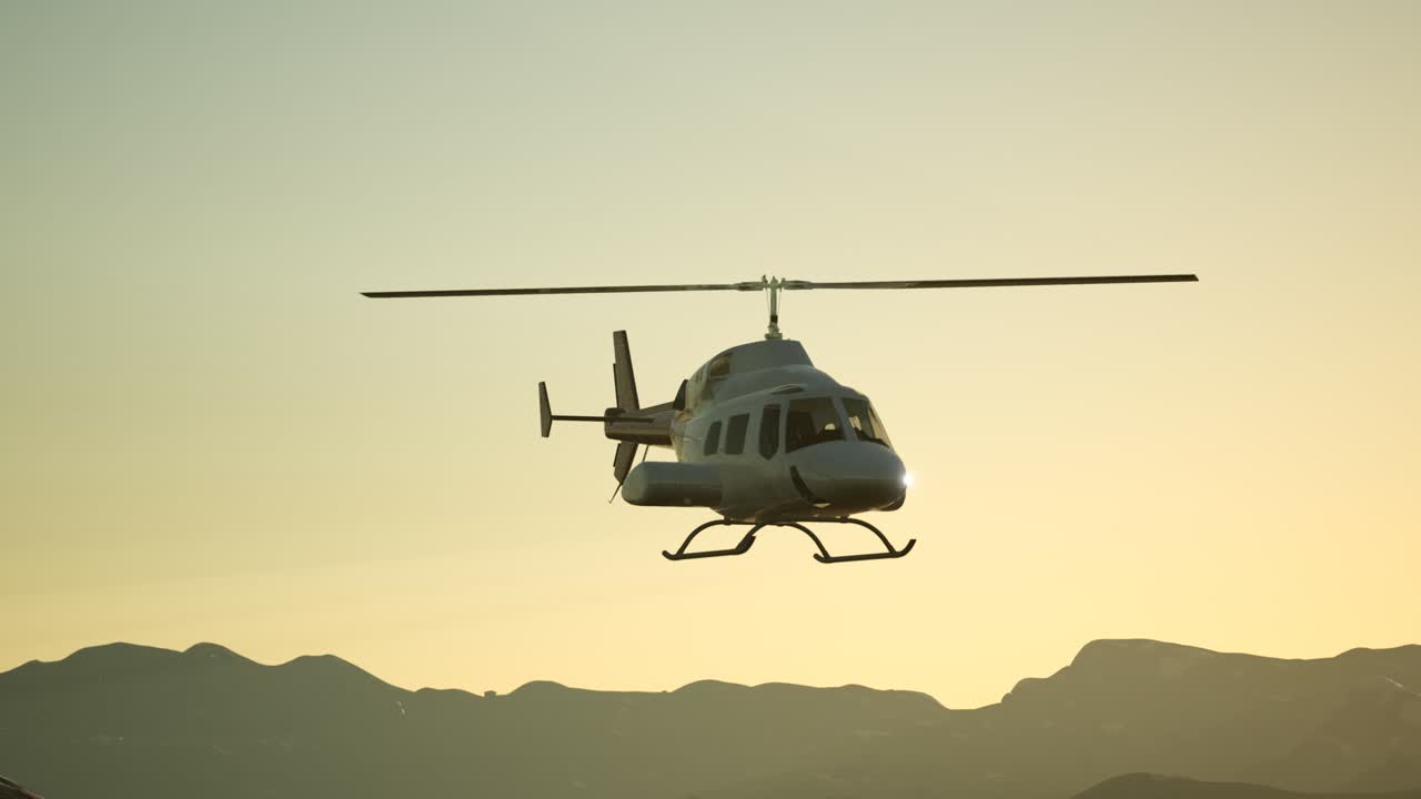 극단적 인 느린 움직임 비행 헬리 ⁇ 터와 해가 지는 하늘