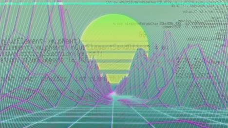 Animation-of-glitch-effect-over-metaverse-structures-and-data-processing-against-green-background