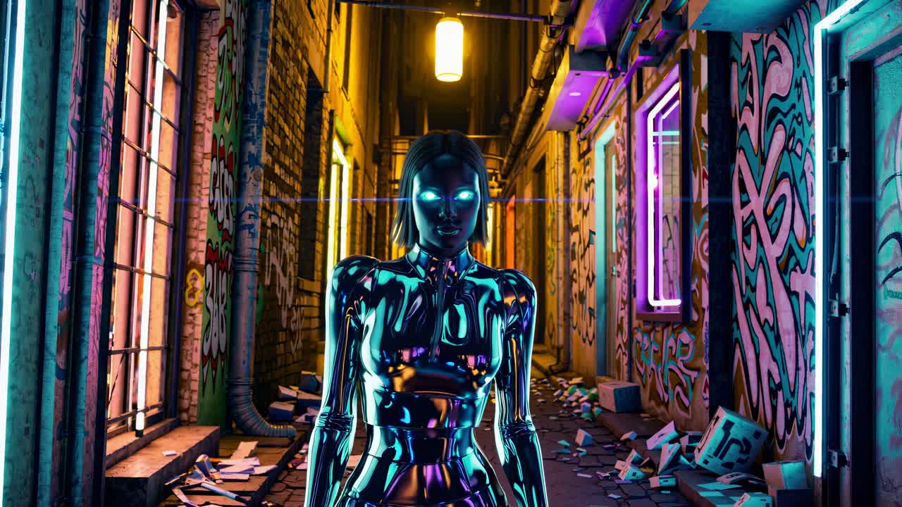 mujer cyberpunk en el callejón de neón