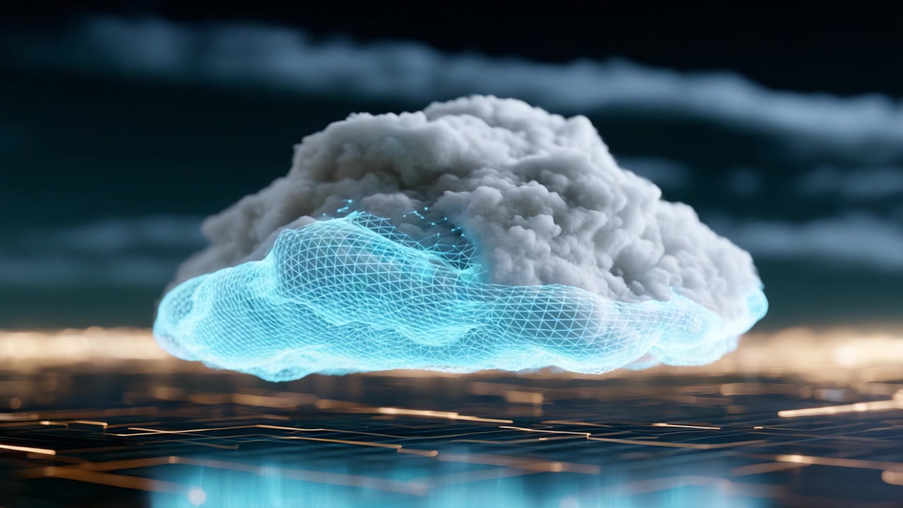 A Futuristic Representation of a Cloud Hovering Above a Digital Surface, Blending Nature with Technology in a Striking Visual Display of Creativity