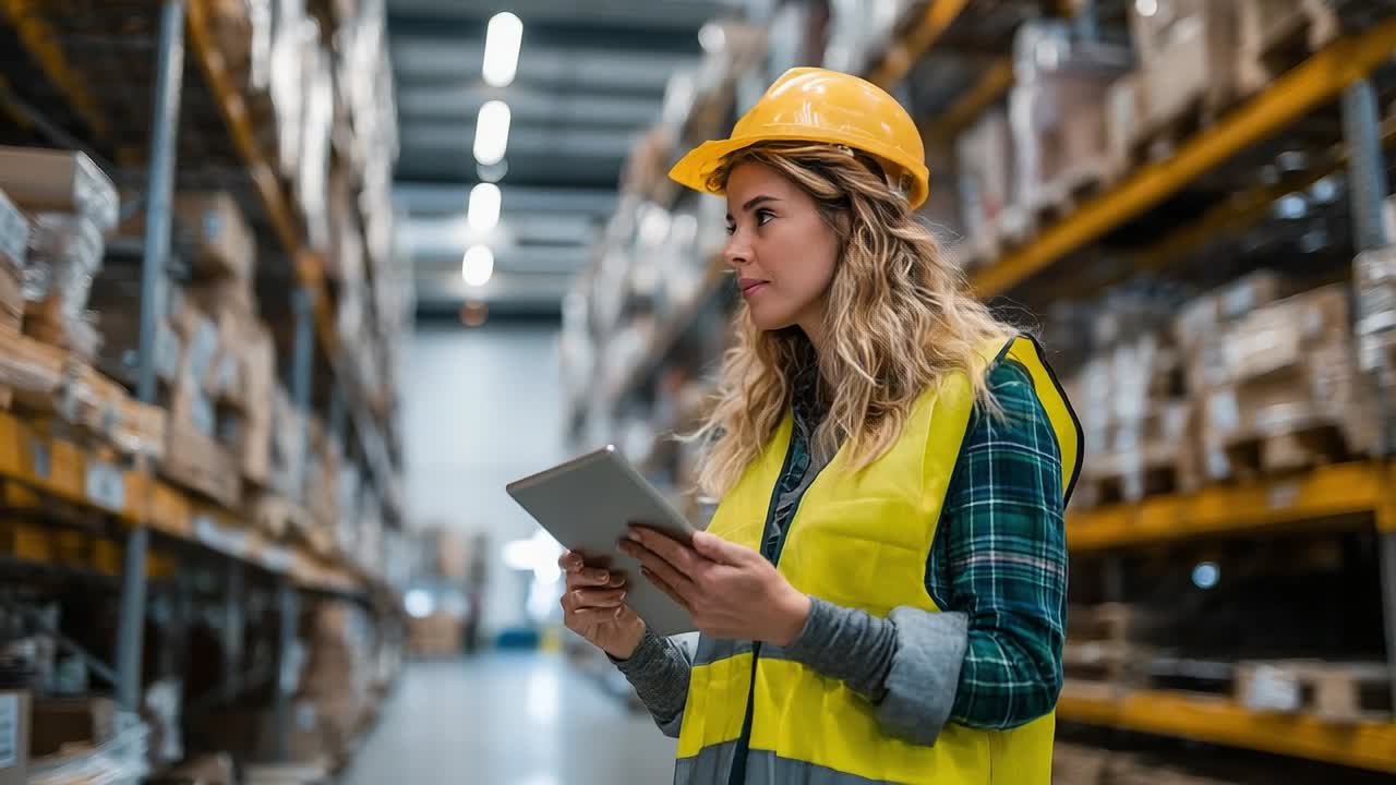 Donna con equipaggiamento di sicurezza che usa un tablet in un ambiente di magazzino affollato