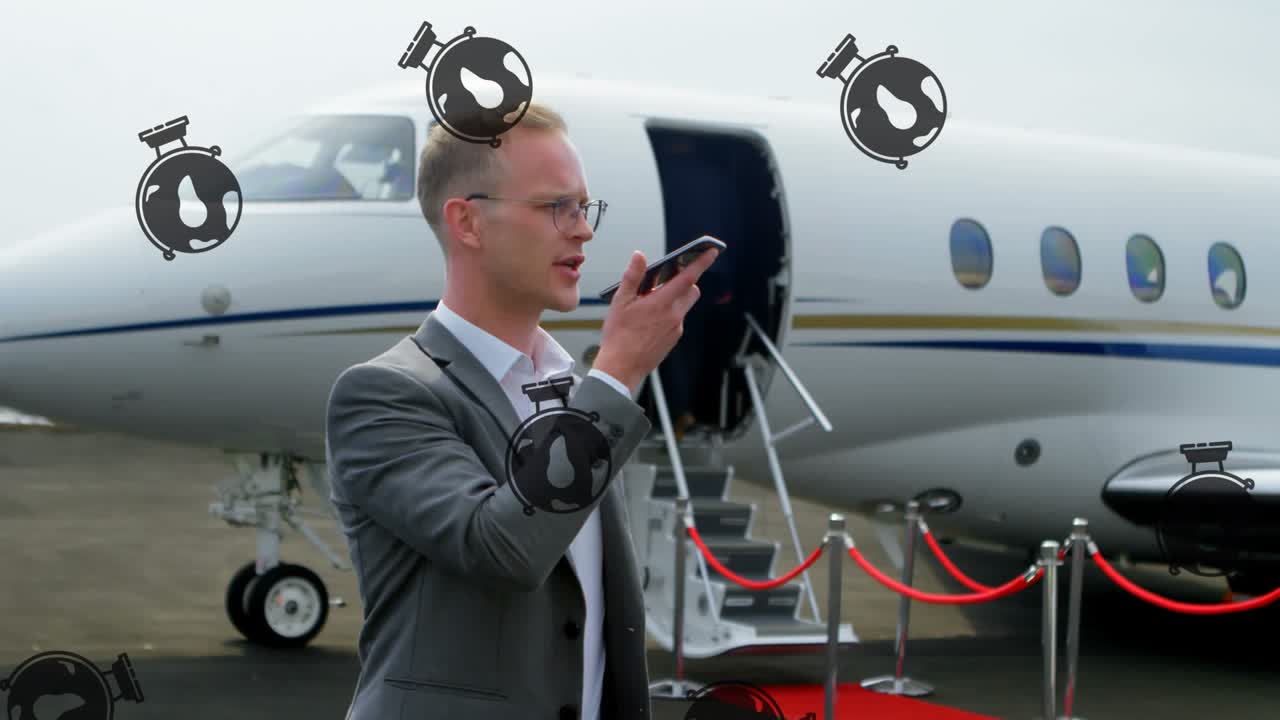 Animation av jordglobsikoner över kaukasisk affärsman på flygplats