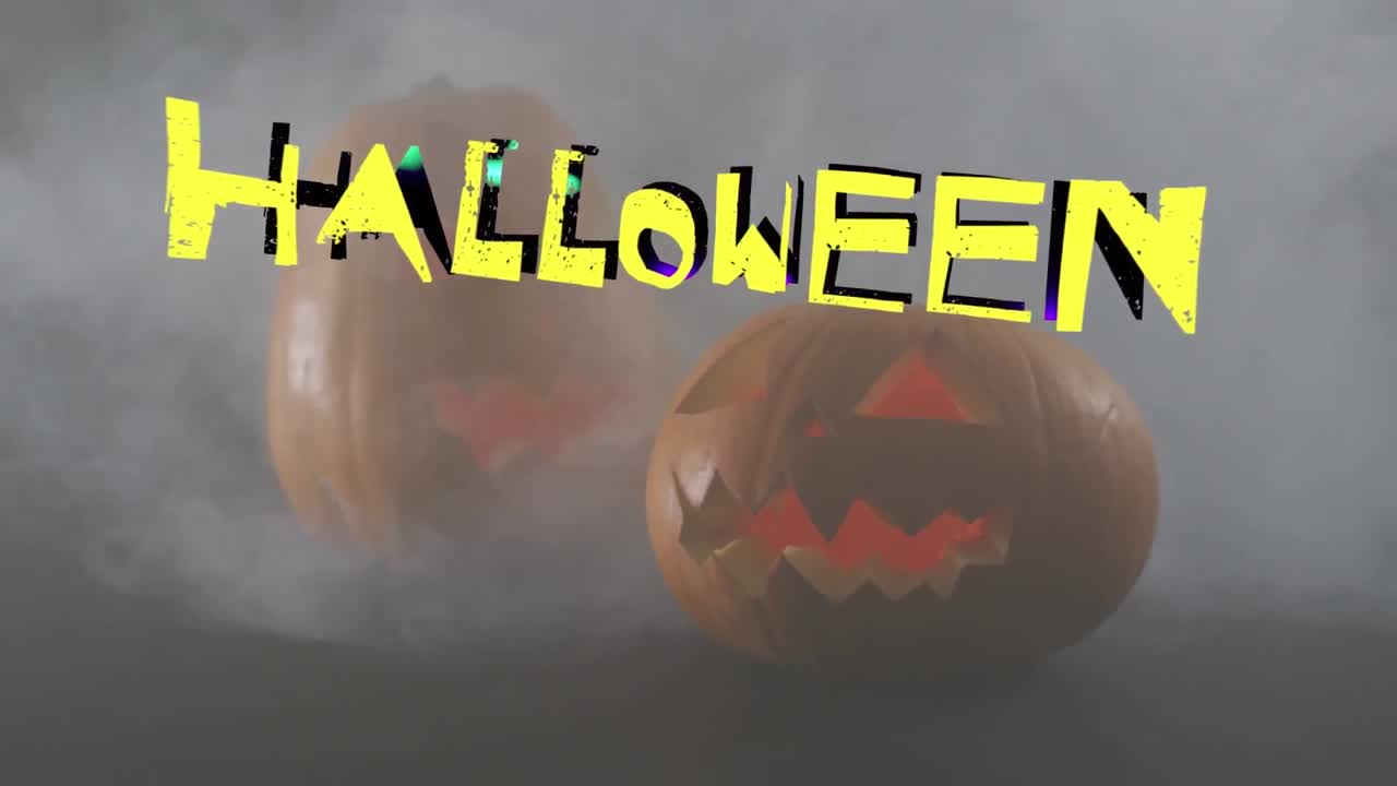 animación del texto de halloween sobre calabazas talladas sobre un fondo gris.