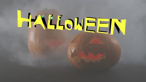 animation of halloween text over carved pumpkins on grey background