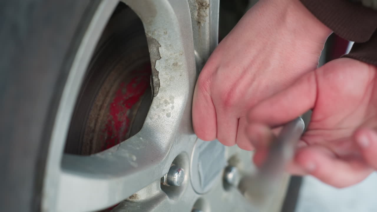 Close-up of person hand using spanner to loosen bolt on car rim, focus on tool action with clear details of wheel and metal surface, preparing for tire change or repair in outdoor environment