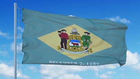 flag of american state of delaware waving in the wind, blue sky background. 4k