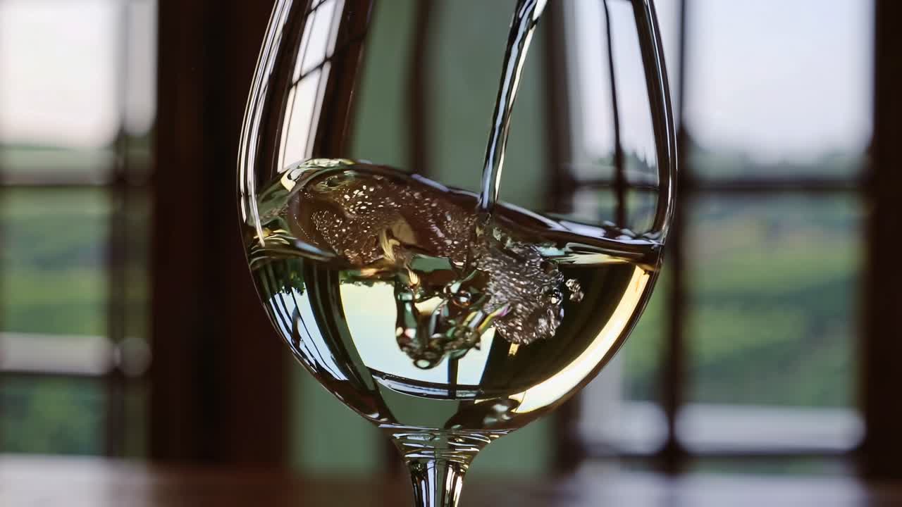 Video ravvicinato di un calice di vino con il riflesso di un paesaggio