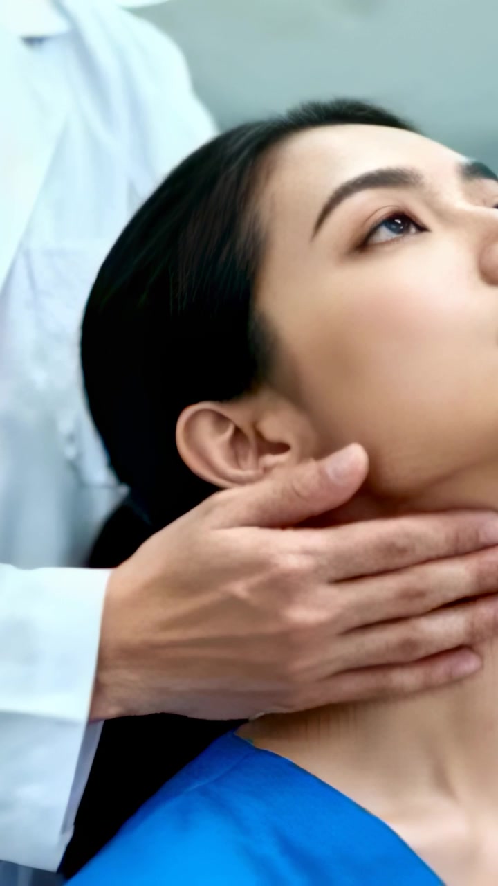 Video verticale: Donna che inclina la testa, medico in camice bianco che le palpa il collo con le mani in clinica per controllare i linfonodi.