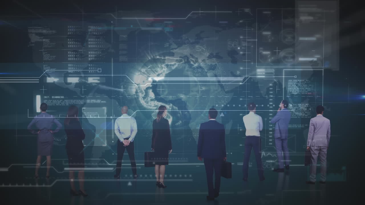 Animation of financial data processing over diverse business people