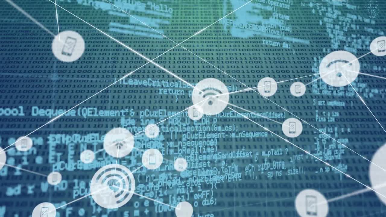 이진 코드와 함께 녹색과 파란색 배경에 아이콘으로 연결 네트워크의 애니메이션