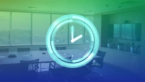 Animation-of-clock-moving-over-office-conference-room