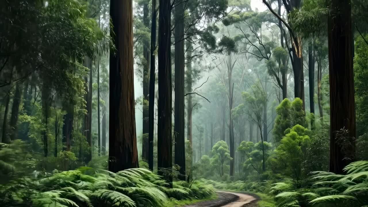 A serene forest path captured from a low-angle perspective, showcasing towering trees and lush