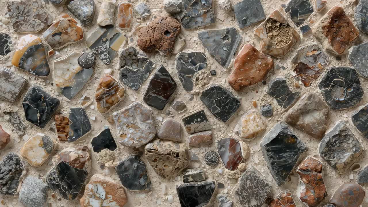 Skiftende kamera, der afslører agat- og kvartsfragmenter i cementmørtel, undersøger årer og fugemasse