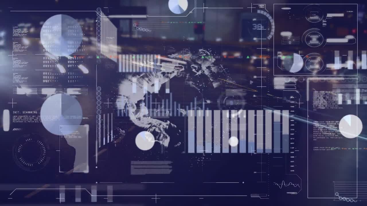 Animation of globe and data processing over cityscape