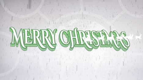 animation of santa claus in sleigh pulled by reindeers over merry christmas text on grey background