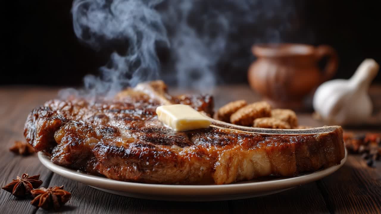 Juicy and Flavorful Grilled Steak Topped with Melted Butter and Accompanied by Spices, Perfect for Meat Lovers Seeking a Delectable Culinary Experience
