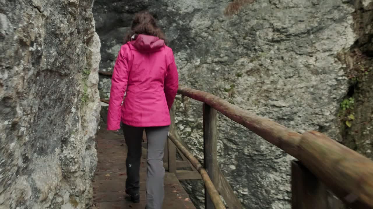 Camera following a lady walking a wooden path in a gorge. Huge drop off either side with wooden railing in hiking clothes. Pokljuka Gorge in Slovenia Triglav National Park