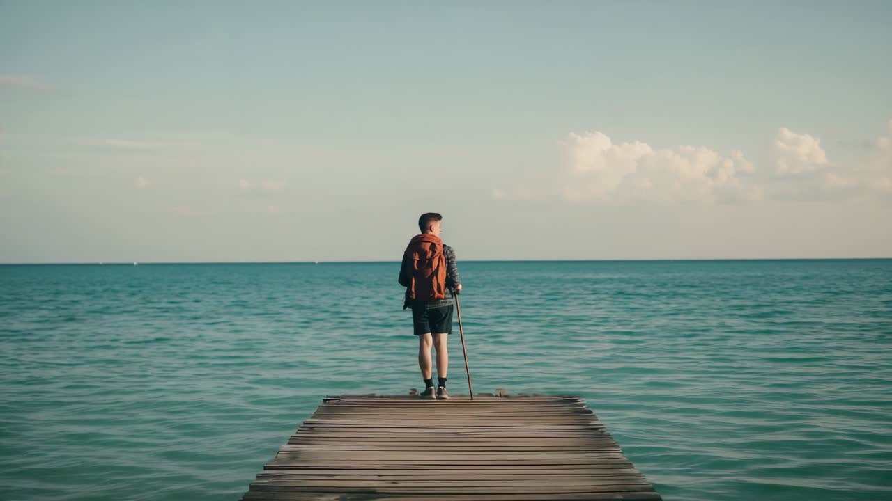Walking hiker with orange pack and stick on wooden pier, reaching end, pausing to watch horizon