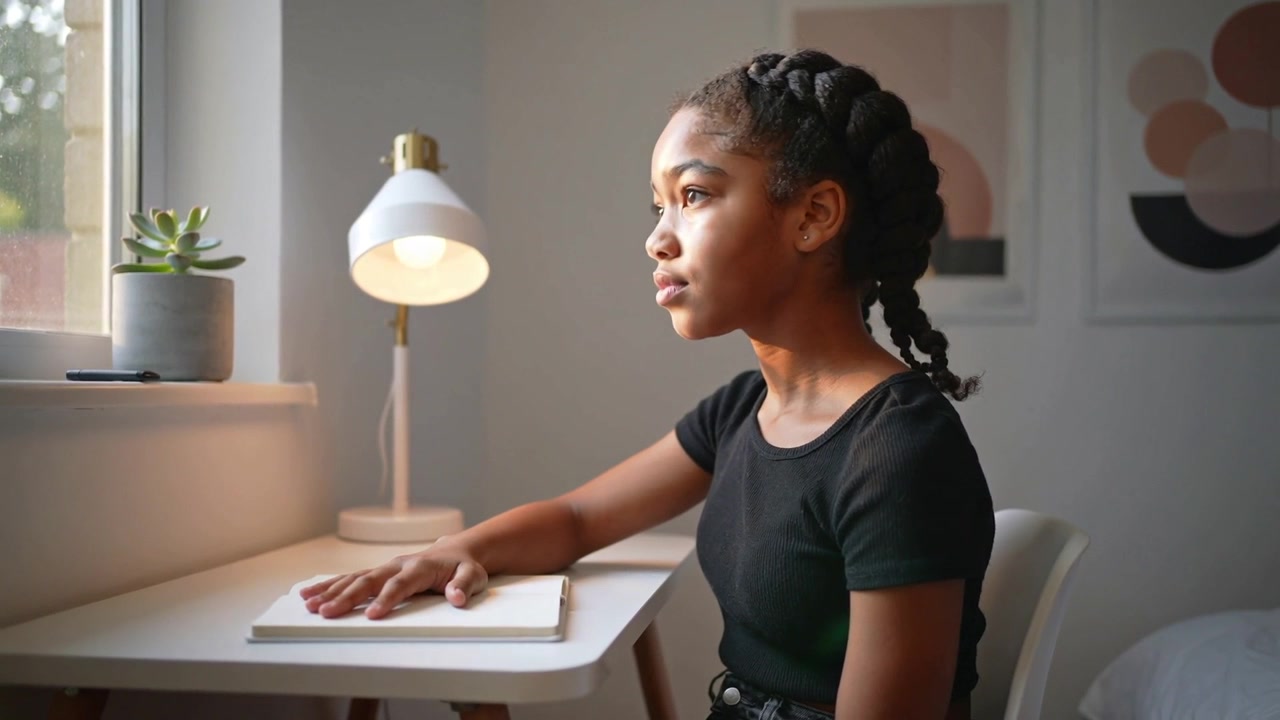 Starting homework, girl opening notebook and flipping pages at bedroom desk with lit lamp