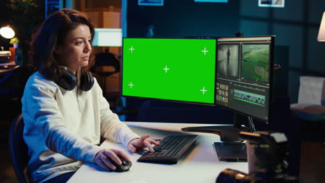 video editor analyzing film montage on isolated screen display, editing color