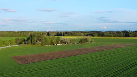 Un-Dron-Se-Levantó-Disparado-Sobre-Los-Campos-Agrícolas-En-La-Primavera-Con-La-Vista-De-La-Montaña-De-Los-Alpes-En-El-Fondo-En-Un-Día-De-Cielo-Azul