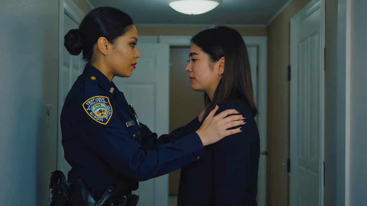 Police officer comforting a woman
