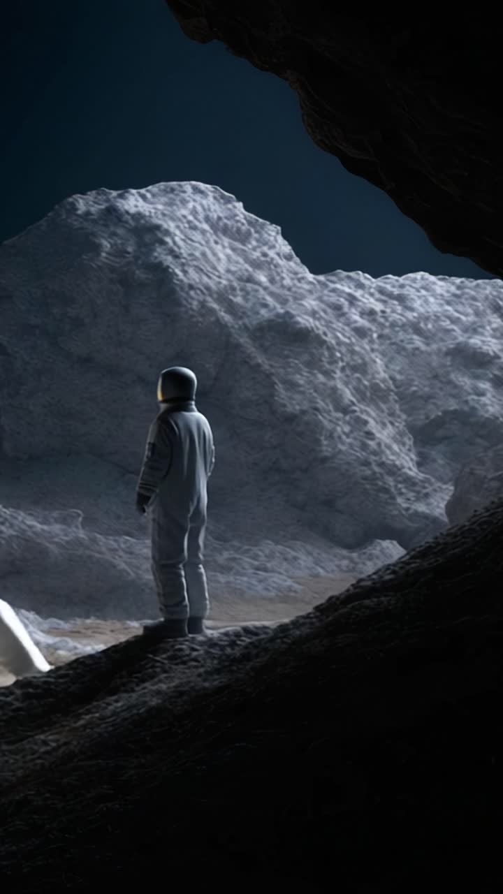 An astronaut stands alone in a mysterious cave, gazing at rocky formations, embodying exploration, isolation, and the vastness of space and its wonders