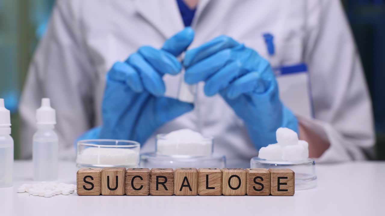 Cubetti di legno formano la parola "sucralosio" sulla superficie di un tavolo da laboratorio.