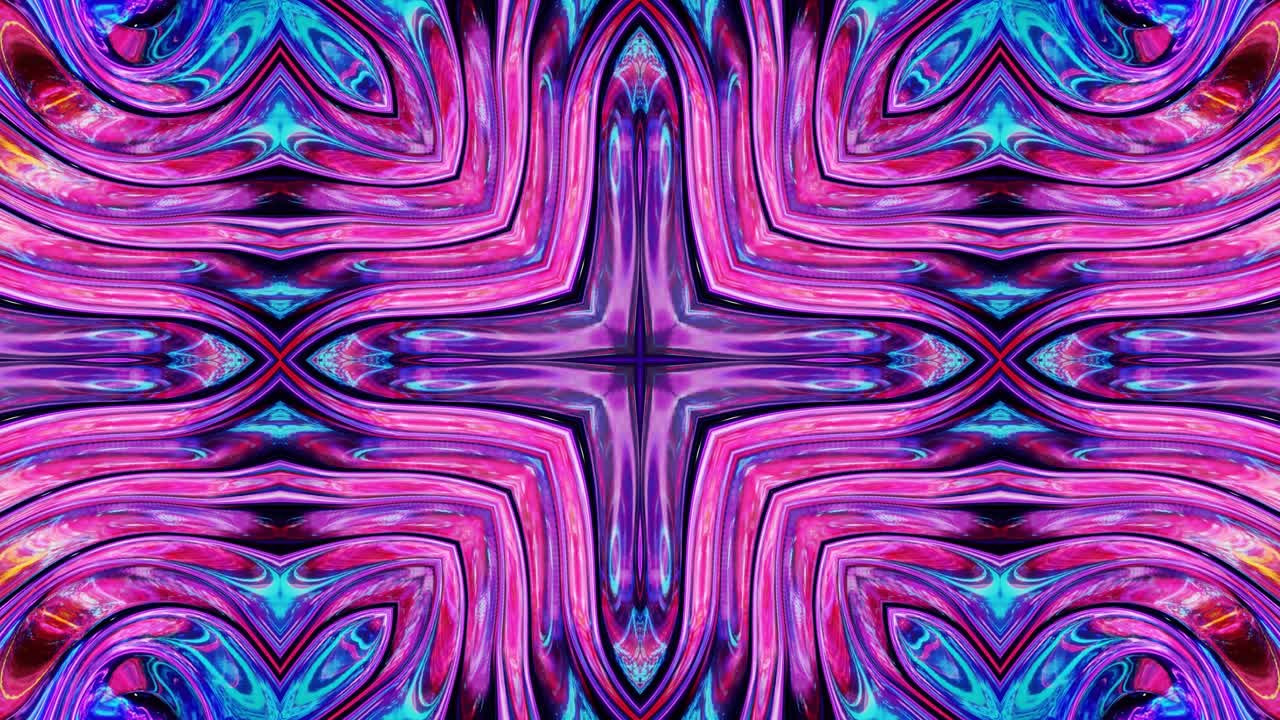 Tekutý vlnitý vzor jako kaleidoskop s vlnami, vícebarevný gradient. 3D stylové abstraktní opakující se pozadí, vlnitá symetrická struktura brilantního tekutého skla. 4k trendy barevná fluidní animace