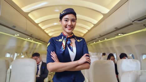 Kabinenpersonal-Oder-Stewardess,-Die-Im-Flugzeug-Arbeitet