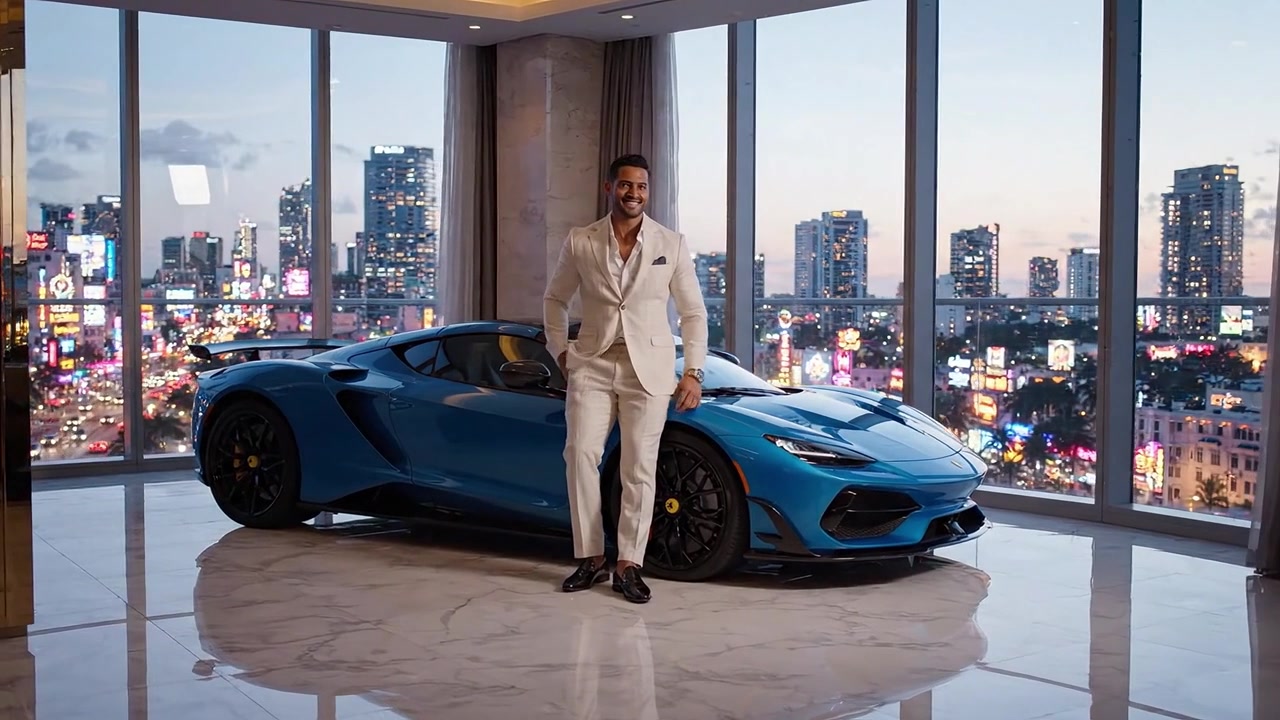Un uomo elegante in abito bianco posa accanto a un'elegante auto sportiva blu in un lussuoso appartamento in grattacielo con le luci della città che brillano sullo sfondo.