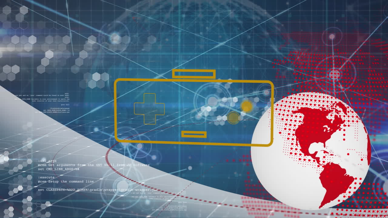 animación del procesamiento de datos sobre el icono del globo y el gamepad.