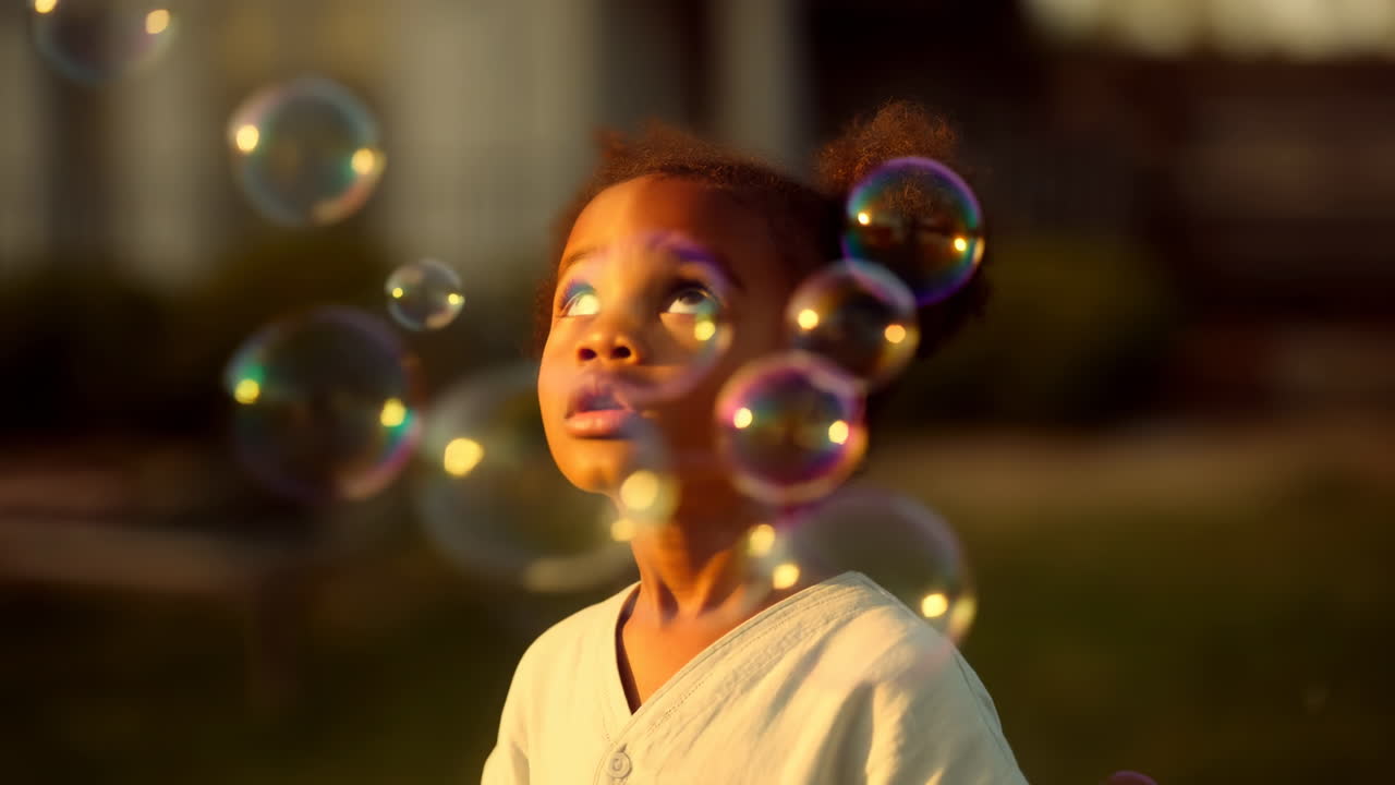 Giovane ragazza nera che guarda le bolle brillare in un cortile al tramonto dorato, trecce afro che incorniciano il viso, occhi spalancati