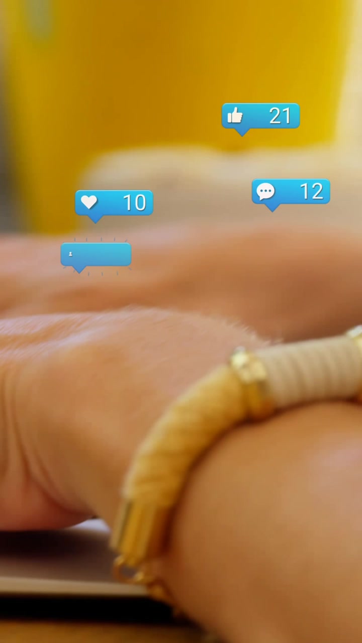 Animation of falling social media icons over caucasian women