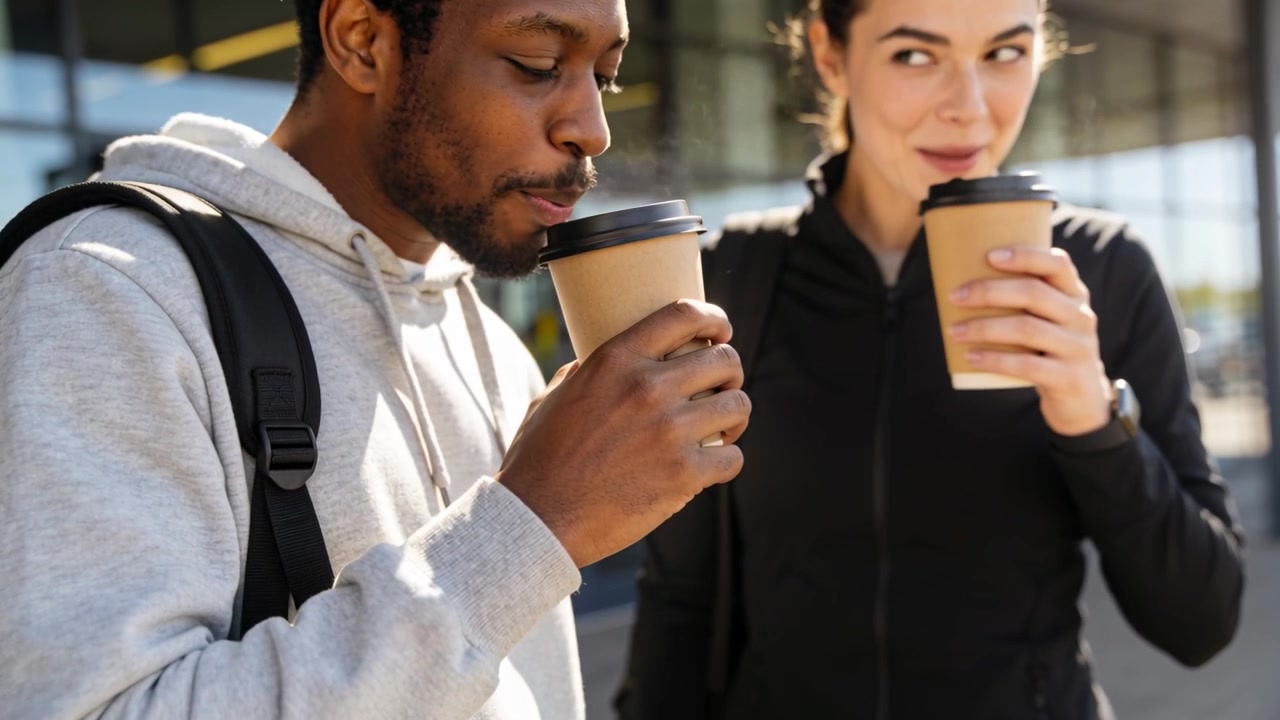 Due adulti che sorseggiano caffè alle porte a vetri, chiacchierando e allontanandosi con gli zaini, dando un'occhiata alla tazza
