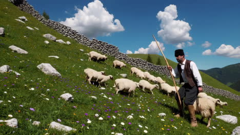 shepherd with sheep in mountain pasture