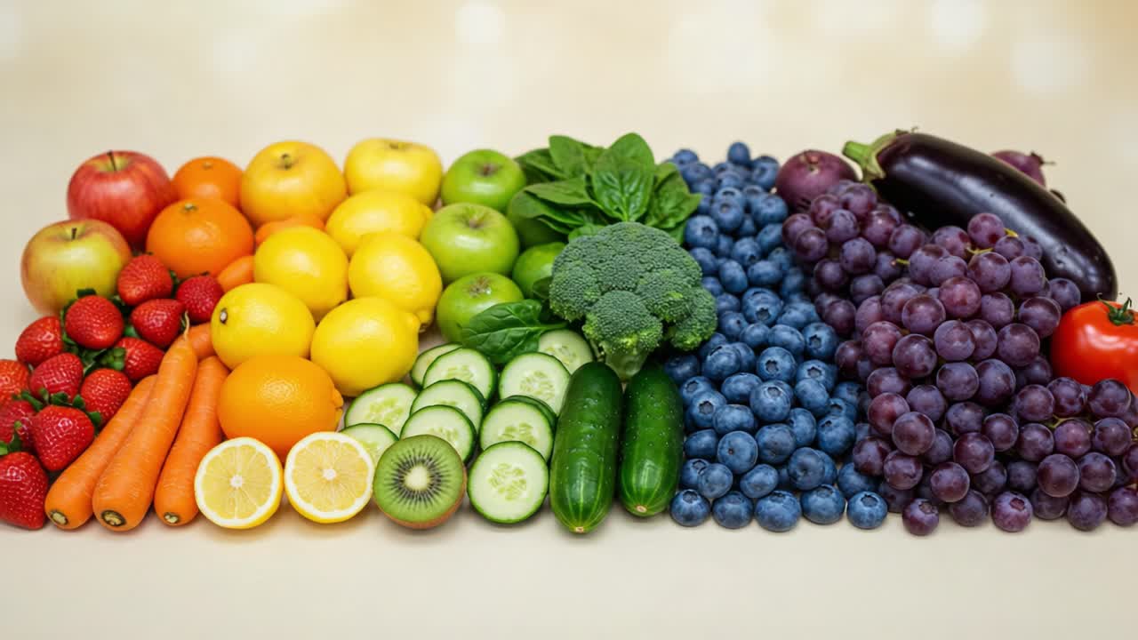 A Vibrant Array of Fresh Fruits and Vegetables Displayed in a Colorful Pattern Showcasing the Diversity and Natural Beauty of Healthy Produce
