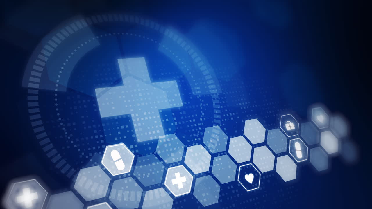Hexagon medical icons on blue animated scientific background. Cross symbol of health care. Abstract looping motion graphics for hospital.