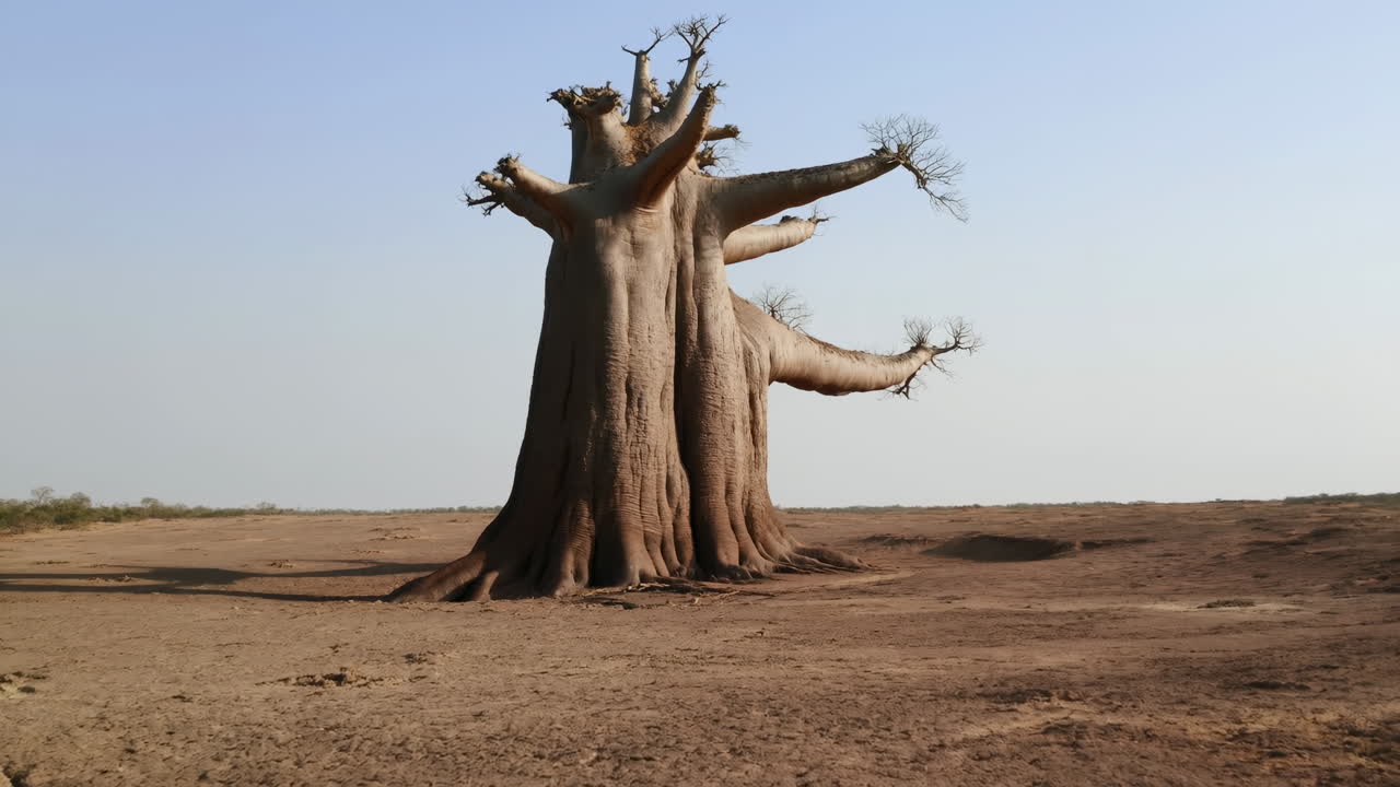 Majestueuze baobabboom alleen staand in een droog woestijnlandschap.