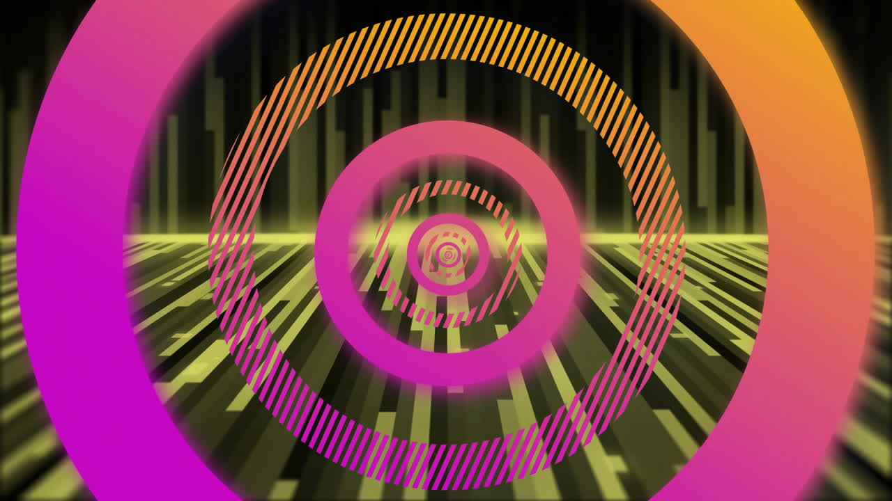 Concentric gradient rings floating in digital scene, showing striped segments and neon grid bars