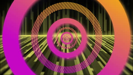 concentric gradient rings floating in digital scene, showing striped segments and neon grid bars