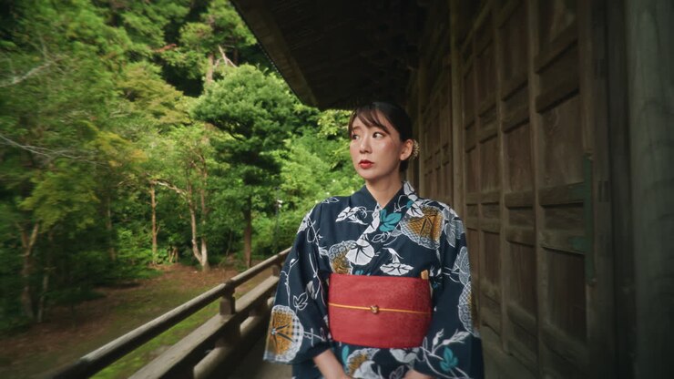 Donna in yukata in un tempio giapponese