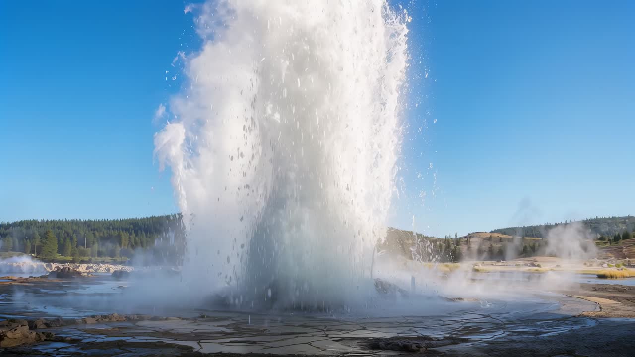 Erupting geyser vent releasing pressure, shooting vertical water and steam at geothermal basin